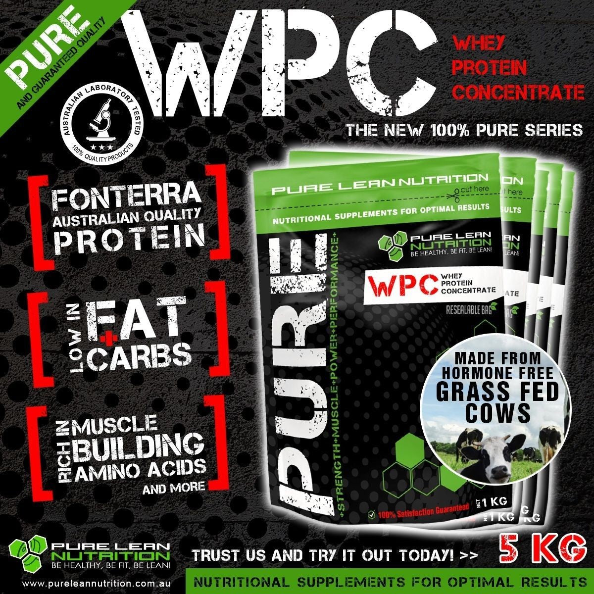 AUSTRALIAN WHEY PROTEIN CONCENTRATE 5KG WPC UNFLAVOURED POWDER GRASS FED