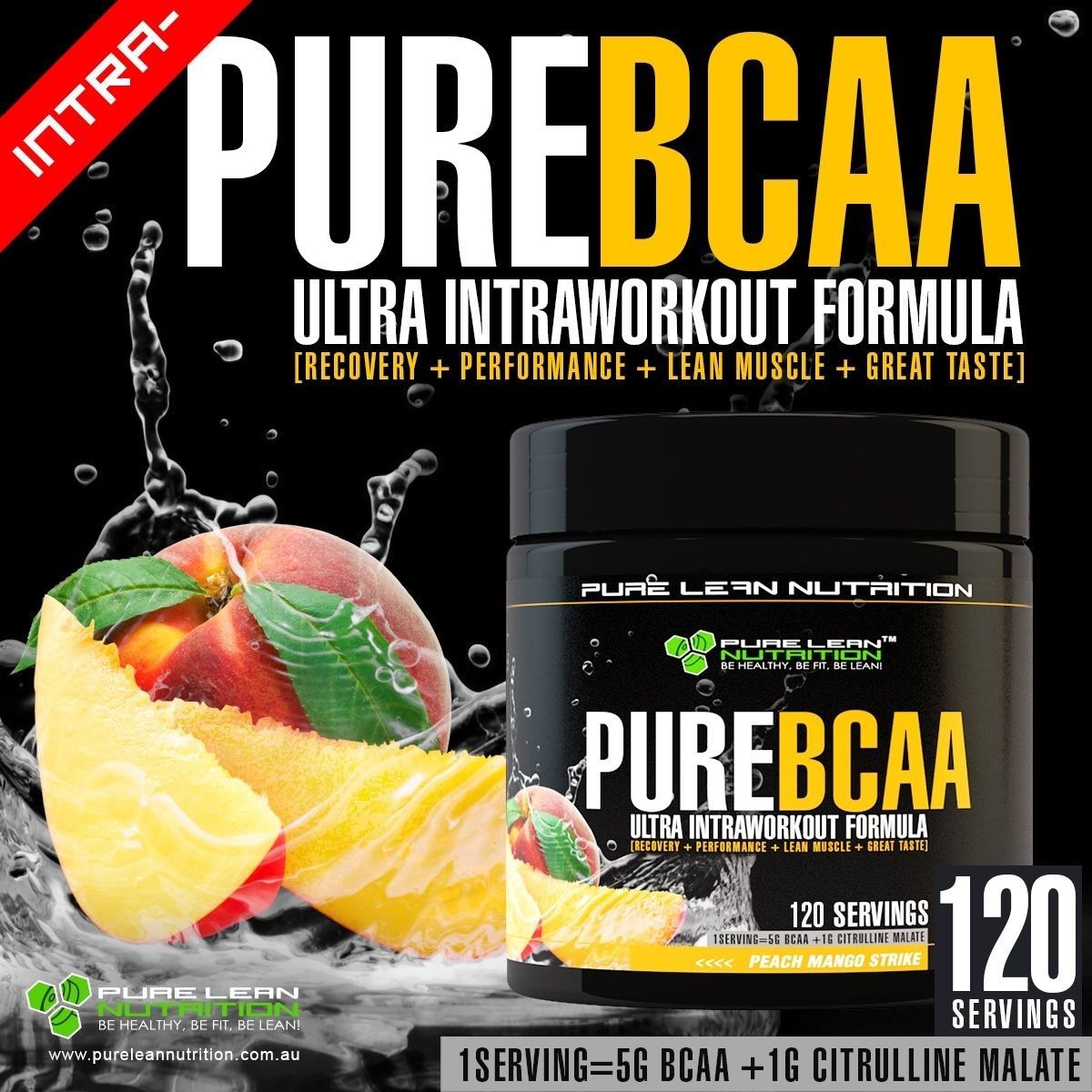 PURE BCAA INTRA WORKOUT 120 SERVES PEACH MANGO BRANCH CHAIN AMINO ACIDS RECOVERY