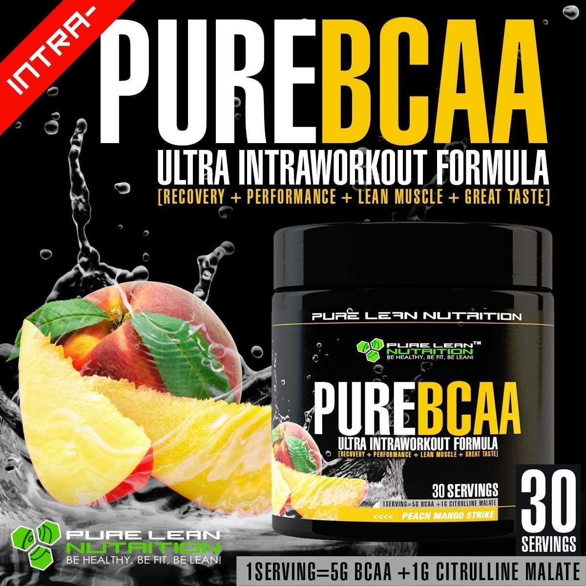 PURE BCAA INTRA WORKOUT 30 SERVES PEACH MANGO BRANCH CHAIN AMINO ACIDS RECOVERY