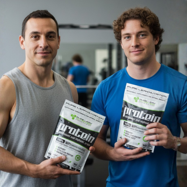 Two men holding packages of Pure Lean Nutrition protein powder in a gym setting.